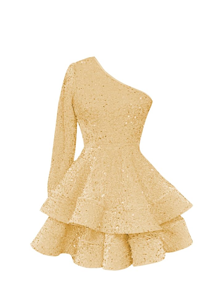 OFEECHUN Women's One Shoulder Sequin Homecoming Dress Short Sparkly Layered Long Sleeve Cocktail Gowns