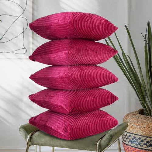 Image of RD TREND Cushion Cover Set of 5, Decorative Sofa Living Room Home Square Cushion Covers 18 Inch x 18 Inch, Aesthetic Corduroy Striped Double Sided (Magenta, Pack of 5)