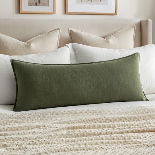 MIULEE Decorative Linen Lumbar Pillow Cover 14x36 Inch Dark Olive Green