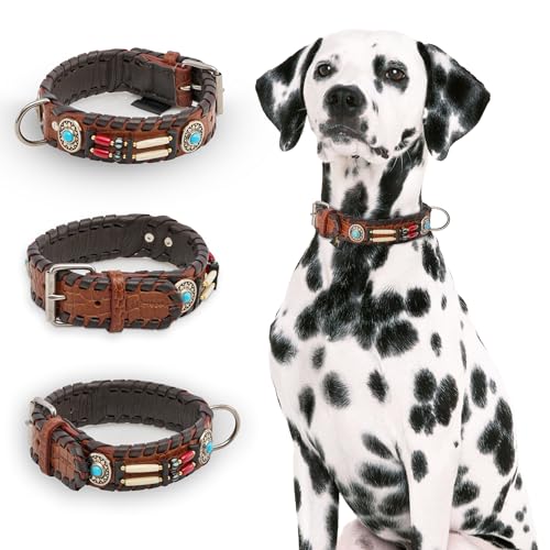 MICHUR Carlota Halsband Indianer, Hundehalsband Leder Braun, Lederhalsband Hund, Halsband, MIT TÜRKISEN Steinen, in verschiedenen Größen erhältlich