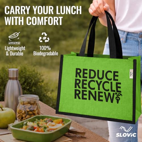 Image of SLOVIC Lunch Bag for Office for Men & Women | Tiffin Bag | Lunch Bags for Woman with Quality Zipper | Eco-Friendly Jute Bags for Women (34 x 30 CM)