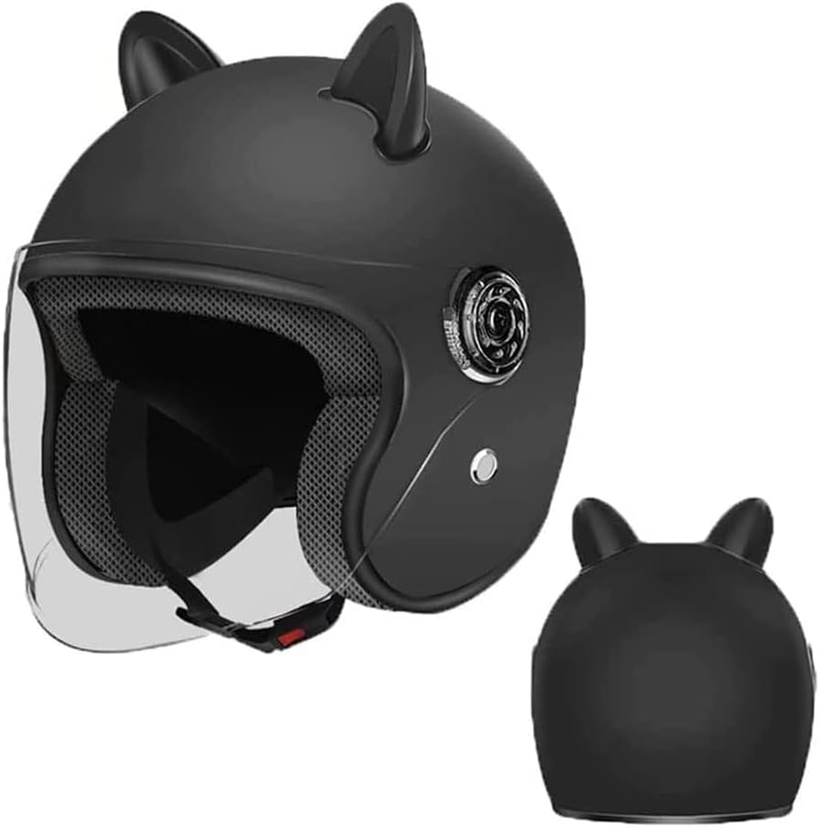 Electric Motorcycle Helmet with Cat Ears, 3/4 Retro Open