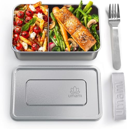 Umami Lunch Box - Bento Lunch Box en Acier Inoxydable, Fourchette Incluse, Passe au Micro-ondes et au Lave-vaisselle, Boîte Inox Étanche, Lunchbox Inox avec Séparateur Amovible, 1350 ml