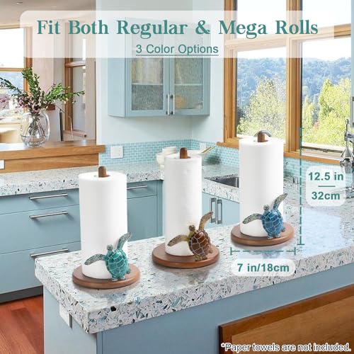 Turtle Paper Towel Holder - Coastal Decor for Home Ocean Decor Beach House Beachy Themed, Sea Turtle Gifts for Women, Cute Decorative Paper Towel Holder Stand Countertop Kitchen Nautical Teal Wood - Image 5