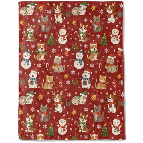 ainori Cat and Dog Christmas Decorative Throw Blanket, Snowman Tree Bell Snowflake Print Decoration, Flannel Winter Blankets for Couch Bed Sofa, Holiday Home Decor, Xmas Festival Gifts 50x60 Inch