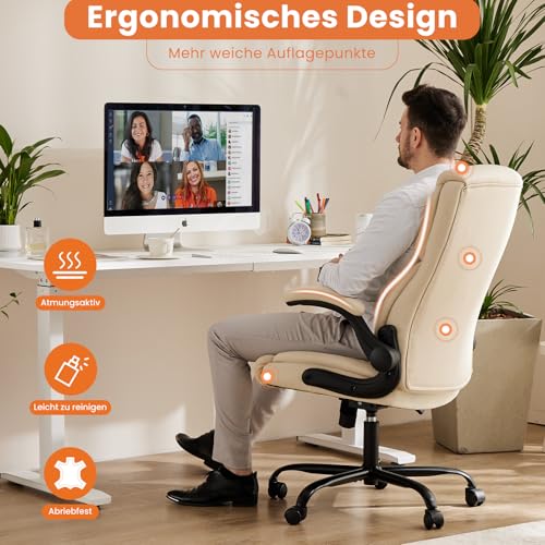 Sweetcrispy Chefsessel PU Leder Bürostuhl Ergonomisch, Schreibtischstuhl mit Hochklappbaren Armlehnen, Ergonomischer Computerstuhl mit Hoher Rückenlehne, Gaming PC Drehstuhl für Arbeit Ruhe, Weiß