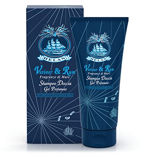 Helan Vetiver & Rum - Mens Body Wash & Shampoo for Sensitive Skin, Gentle and Natural Shower Gel for Body and Hair with Sweet Almond Proteins, Scented and Ideal for Frequent Use Made in Italy 200fl oz