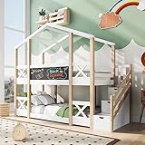 Cama infantil con almacenamiento y protección anticaídas, 90 x 200 cm, cama alta para niños en color natural y blanco, incluye 2 somieres para el aprendizaje lúdico