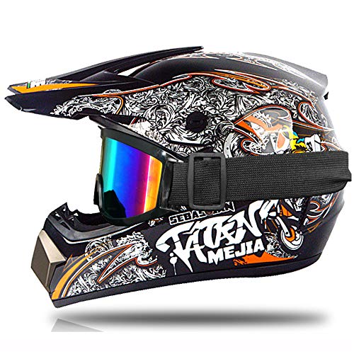 Casque de Moto Cross Enfant Rouge Noir, Casque Intégral Moto Cross VTT avec Lunettes Gants, Convient pour Scooter Bicyclette (orange,M) Cover