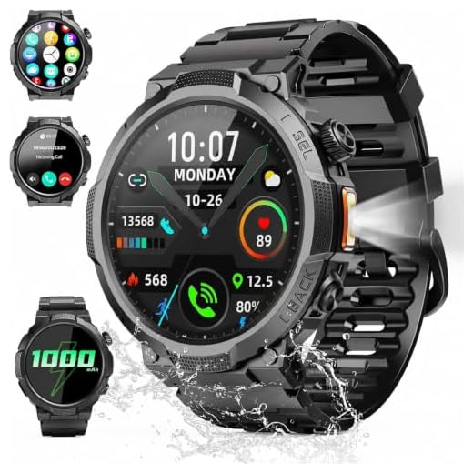 Soudorv Military Smart Watch for Men, 50+ Day Battery Life, Bluetooth Call | 1.53" HD, 110+ sports modes, heart rate/sleep monitor, IP68 waterproof, Fitness Watch with LED Flashlight for iOS/Android
