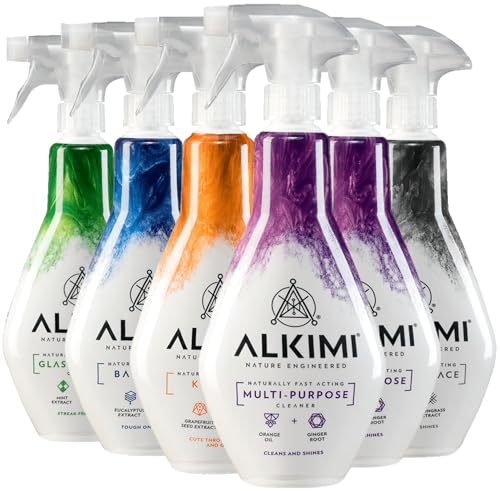 ALKIMI Cleaning Sprays, Variety Pack of 6 – Powerful Cleaning, No Harsh Chemicals, with Natural Essential Oils & Extracts, Multipurpose, Kitchen, Bathroom, Shiny Surface, Glass & Window