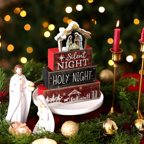 Image of Moucuny 4 Pcs Christmas Table Decor Wooden Christian Religious Decoration Nativity Scene Centerpiece Holy Night Tiered Tray Decor Red and Black Buffalo Plaid Block Signs Xmas Decoration for Kitchen