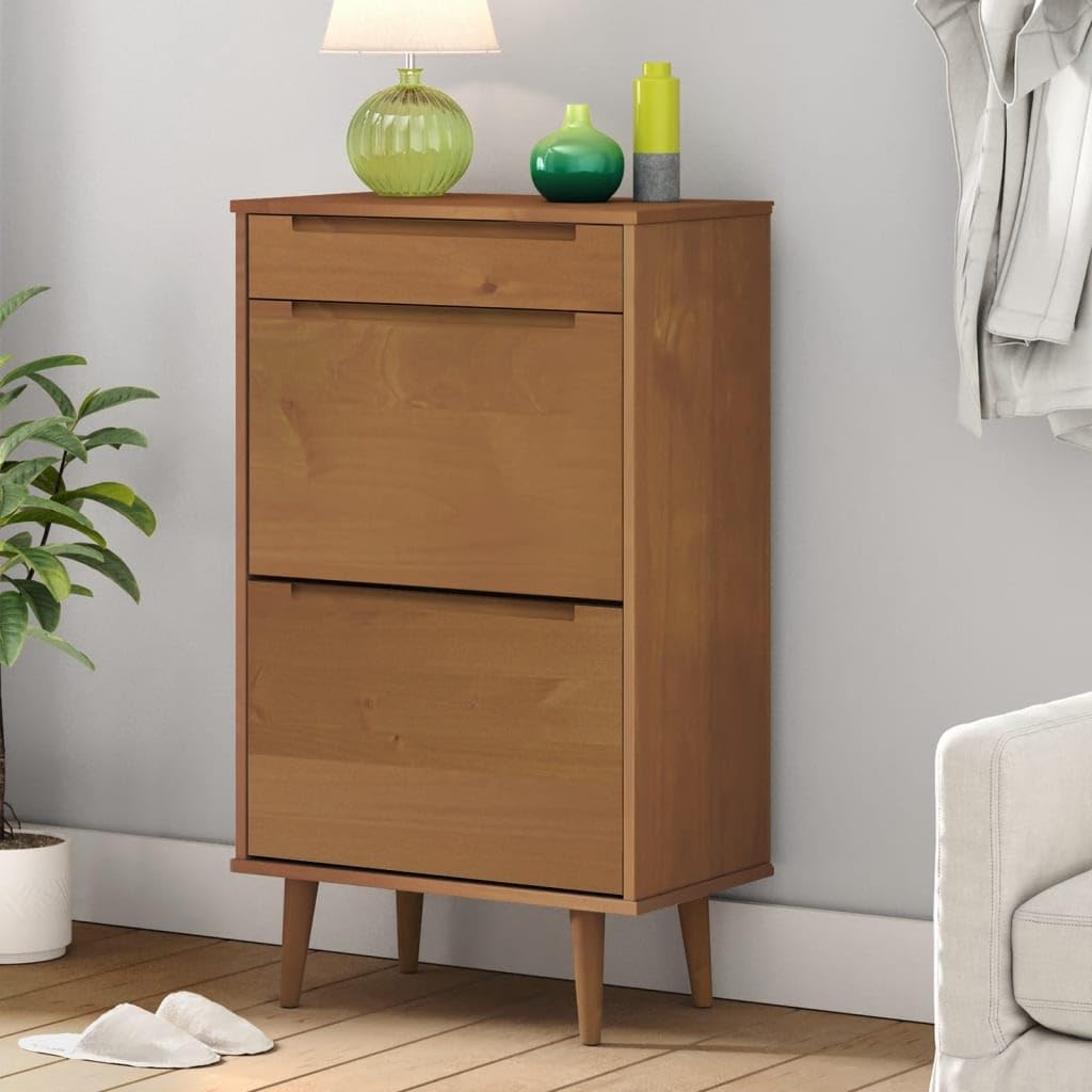 MOLDE szafka na buty z litego drewna sosnowego, brązowa, 59,5 x 35 x 103 cm, z szufladami i solidnym blatem, do organizacji obuwia i akcesoriów do domu, ten tytuł dla Amazon spełnia