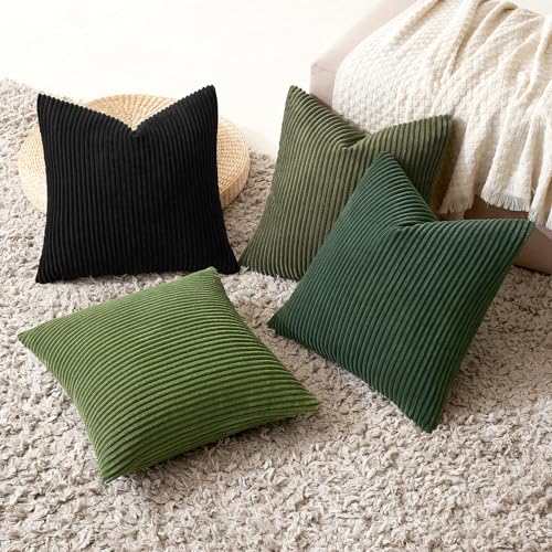 Image of MIULEE Boho Farmhouse Throw Pillow Covers 18x18 Inch Set of 4 Mordern Neutral Green Cushion Covers Soft Corduroy Nordic Home Decor for Spring Couch Bed Sofa Living Room Green-Black
