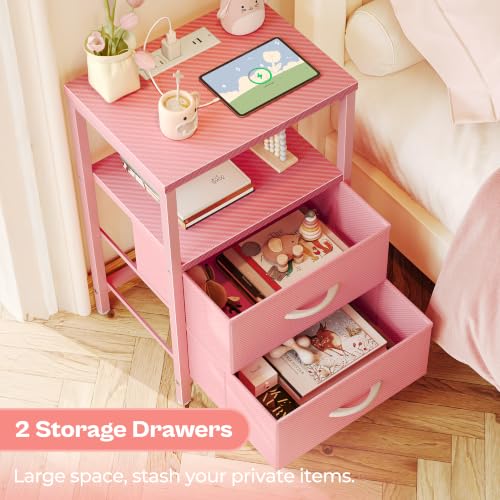 Image of Huuger Nightstand with Charging Station, Side Table with Fabric Drawers