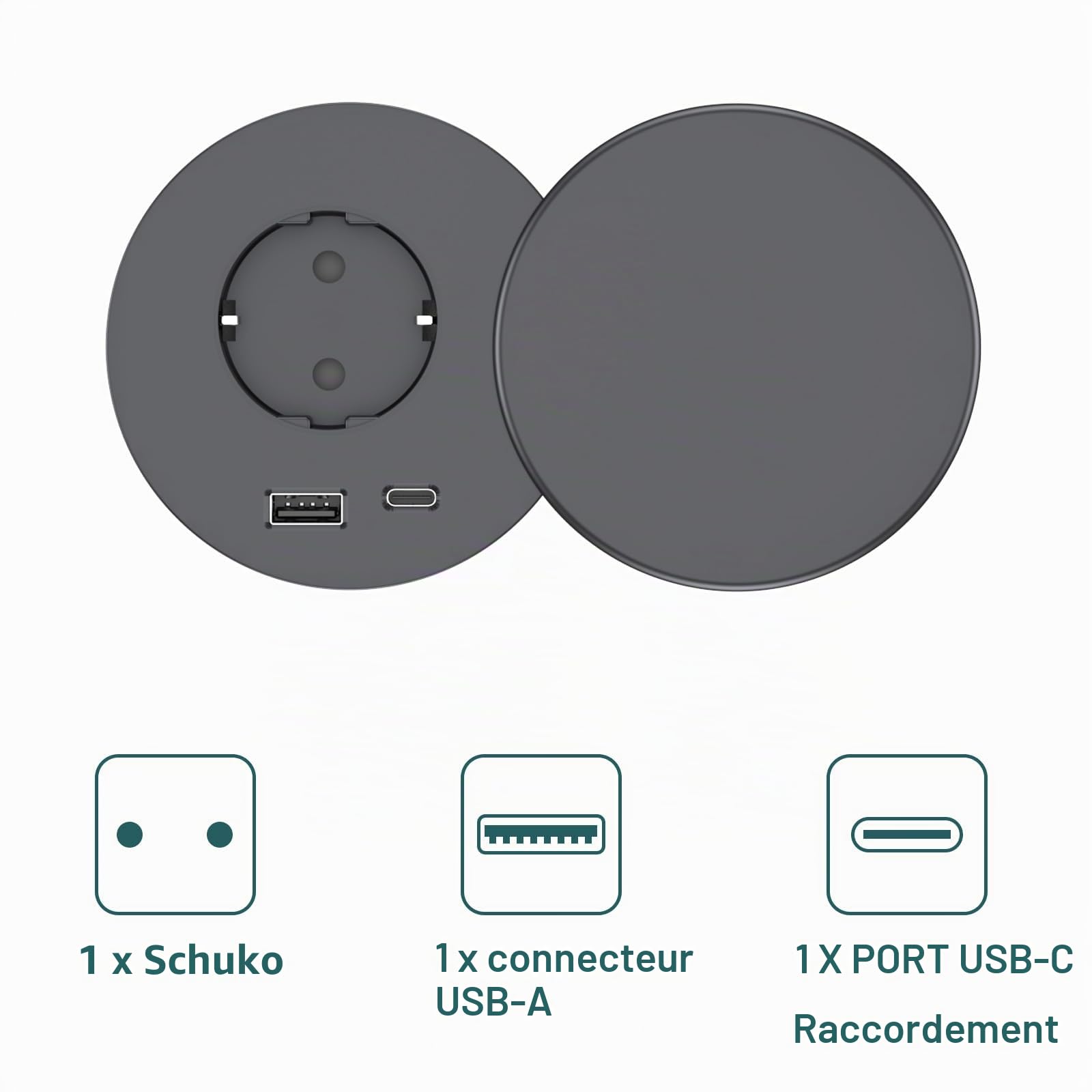 Prise Encastrable Plan de Travail avec 1 Prise, 1 Port USB C, 1 Port USB A, 80 mm de Diamètre, Prolongateur de 1,5M de Câble, Dinolink Prise avec Couvercle équipée pour la Cuisine, Les Meubles, Noir