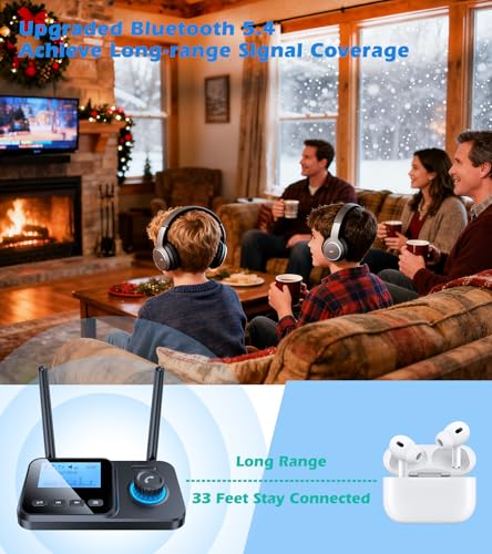 Bluetooth Transmitter for TV to 2 Headphones with HiFi ARC Low Latency, Bluetooth Transmitter Receiver LCD Display Adjustable Volume, AUX/Optical/Coaxial Audio Receiver for Home Stereo KAIY