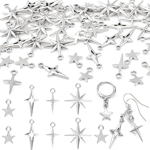BEIQIYA 80pcs Star Charms for Jewelry Making 4 Styles Silver