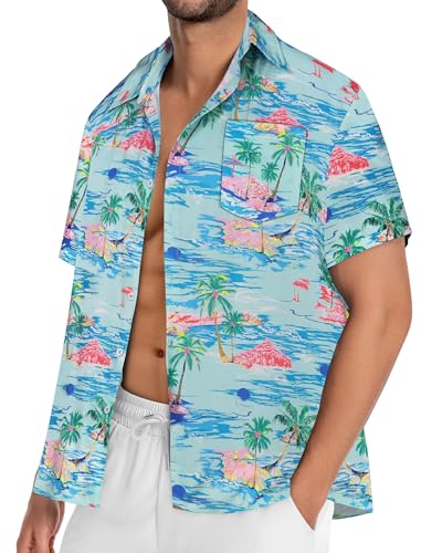 Image of Men Hawaiian Shirt Short Sleeve Summer Beach Button Down Shirts with Pocket