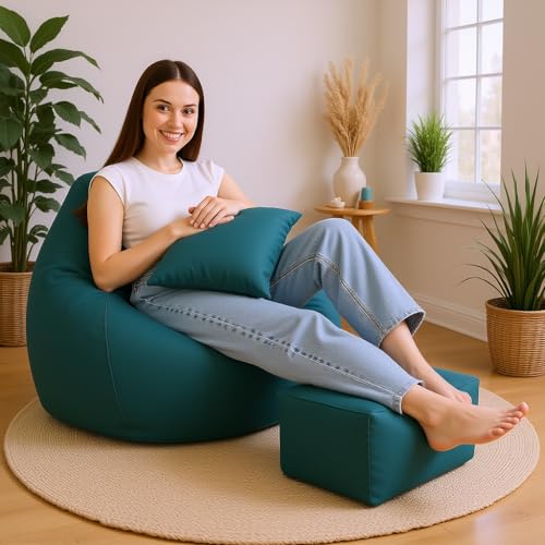 Image of 5XL Premium Leatherette Bean Bag with Rectangular Footrest & Cushion | High Density EPS Beans Filled | Teardrop Shape with Handle | 6 Months Warranty (Teal Blue, 5XL Combo Pack, Solid)