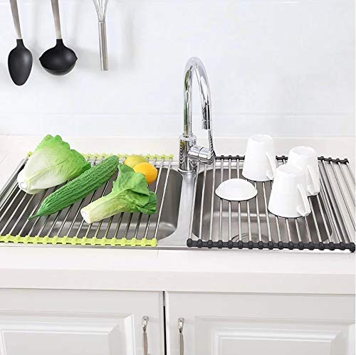 CLEMATIS Drain Rack | Stainless Steel Foldable Roll-Up Over Sink Fruit Vegetable Utensils Drying Rack Dish Drainer Mat for Kitchen (Multicolor)