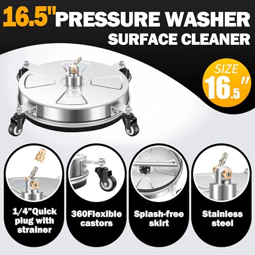 Image of 16 inch Pressure Washer Surface Cleaner with 4 Wheels - Stainless Steel Surface Cleaner for Pressure Washer Attachment for Concrete, Patio, Sidewalk, Deck, Driveways and Daily Washing - PWS 16
