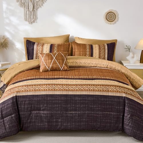 Image of Dintszyayue Boho King Comforter Size Set, 8 Pieces Striped Texture Gold Purple Bed in a Bag Sets, Lightweight Soft Bohemian Comforter and Sheet Set, All Season Microfiber Bedding Sets for Men Women