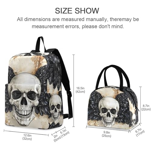 Backpack Lunch Box Set Large Capacity Travel Backpacks and Insulated Lunch Bag for Commute Hiking Picnic Skull with Wings Print2