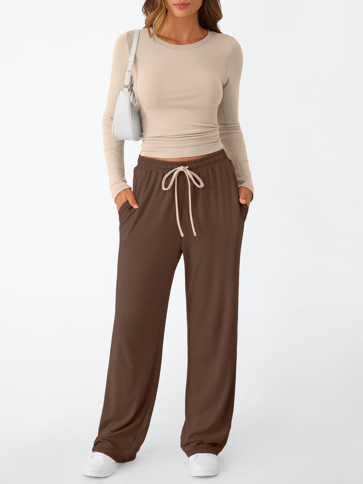 Trendy Queen Women's 2 Piece Matching Lounge Set Long Sleeve Side Ruching Top Wide Leg Drawstring Pants Set with Pockets