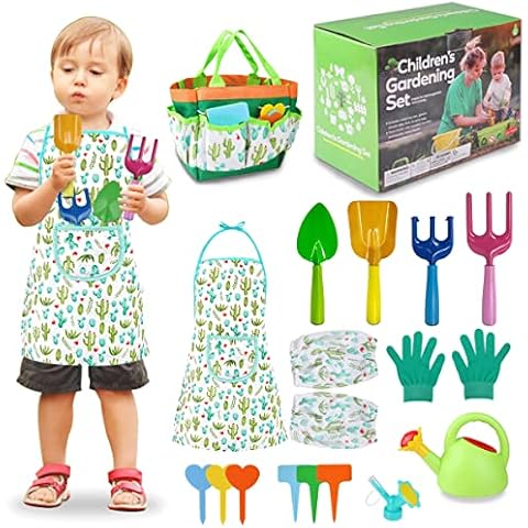 Genround Gardening Tools for Kids - Real Role Play Garden Tools Toy with Plant Labels, Apron, Glove, Storage Bag, Watering Can - Metal Plastic Kids Garden Tools Outdoor Play Set Cover