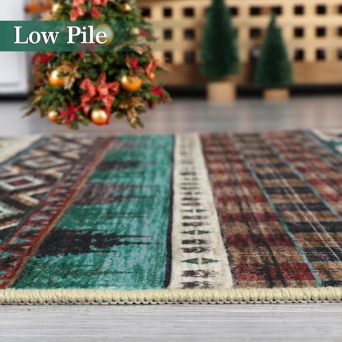 GarveeHome Washable Area Rug 4x6 Rug for Living Room Christmas Rug Plaid Rug Animals Non Slip Entryway Rug Soft Bedroom Rug Low Pile Stain Resistant Carpet for Office, Rustic|Green&Brown 4'x6'