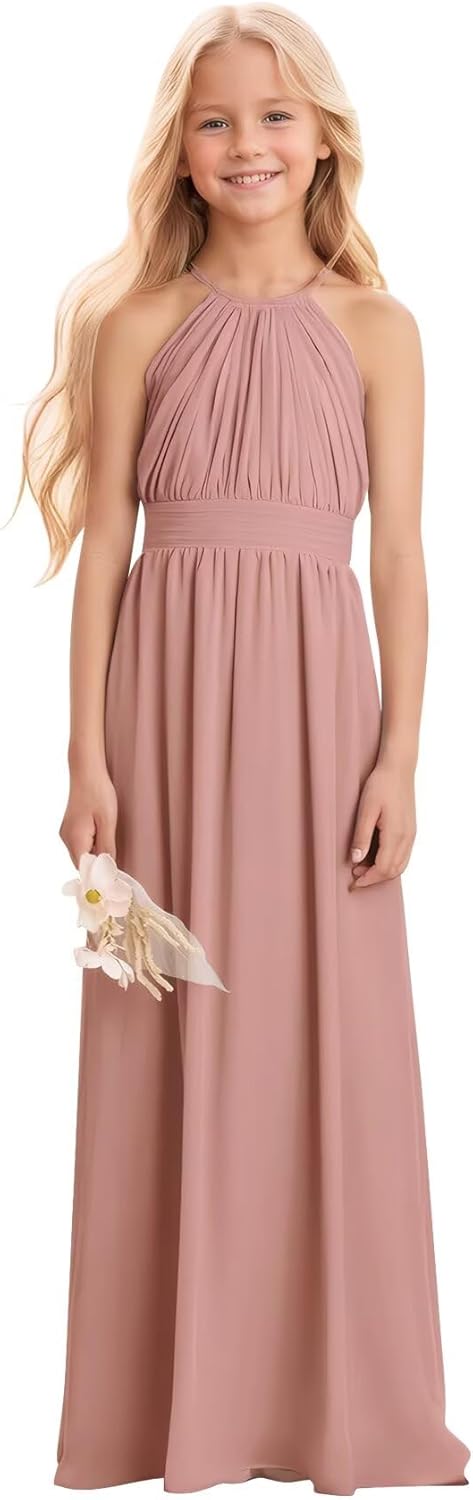 Kids Girls Junior Bridesmaid Dresses Chiffon A-line Long Flower Girl Dress for Wedding Party Pageant Gown