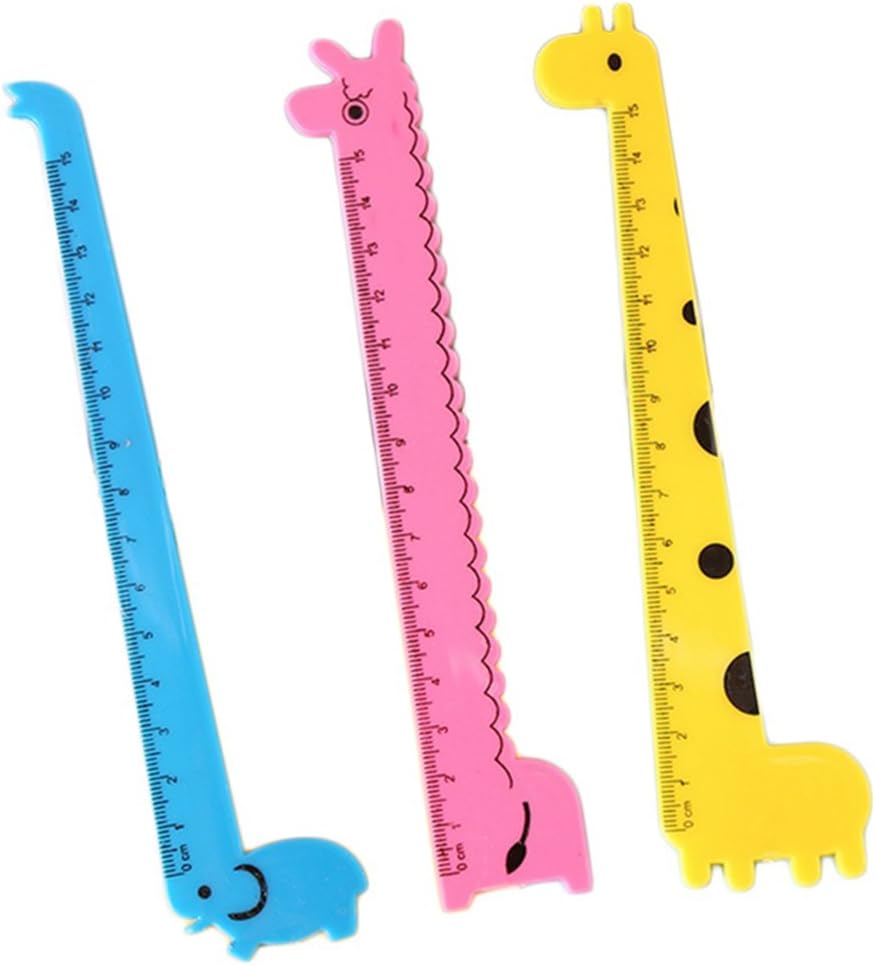 Ruler Plastic Set for Students Kids Measuring Safety Drawing Tools School Office Mixed Coloured Cute Giraffe Cartoon Pattern 3Pcs