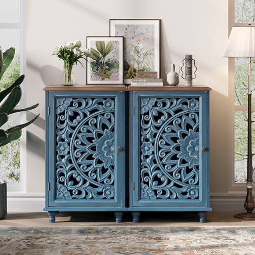 Image of Small Accent Cabinet,Storage Cabinet,Distressed End Table with Solid Wood Legs & Adjustable Shelf,Sofa Side Table for Bedroom,Living Room,Blue & Walnut