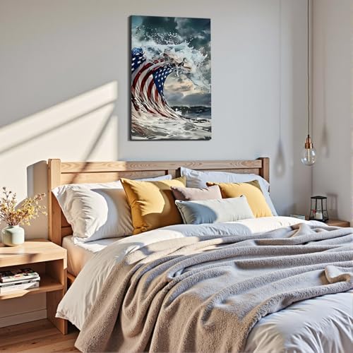 Image of Framed American Flag Ocean Wave Wall Art, Patriotic Abstract Canvas Art Pictures, USA Flag Wall Decor, Made in USA Ready to Hang for Living Room Bar