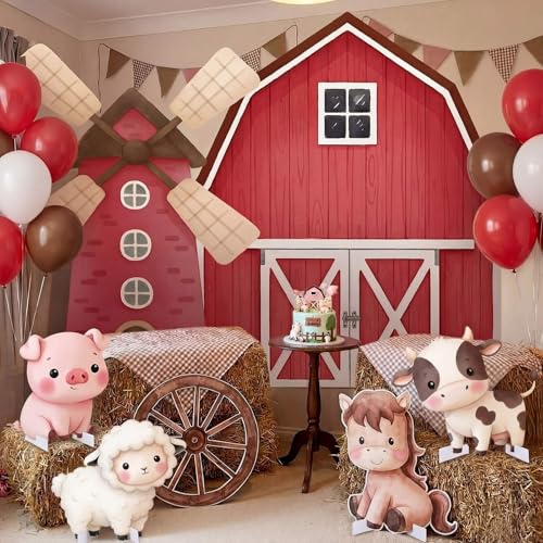 Leinuosen Large Farm Animal Backdrop Party Decorations Red Barn and Windmill Photo Backgrounds with Farm Animal Stand-ups Straw Boxes for Girls Boys Birthday Photography Baby Shower Party Decor
