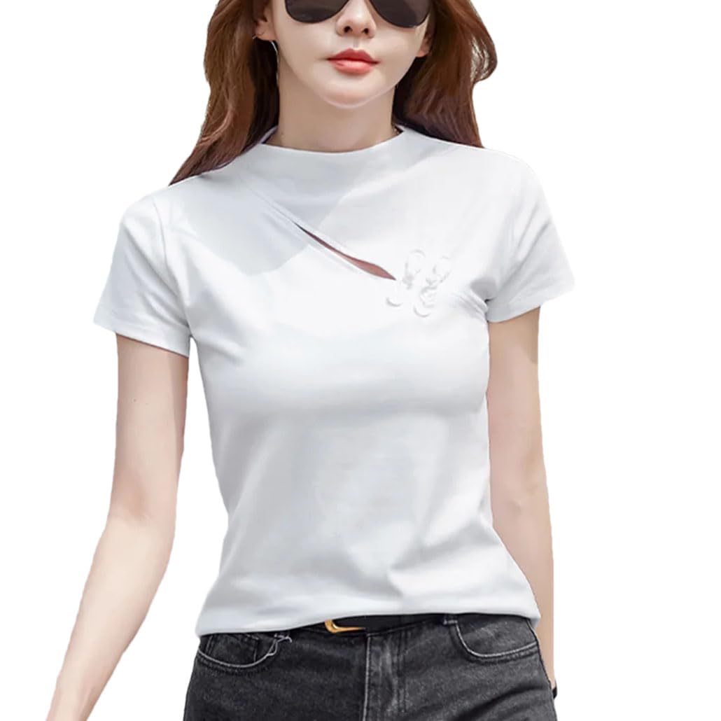 T-shirt da donna in stile cinese con design traforato a metà collo alto Slim Tees a maniche corte
