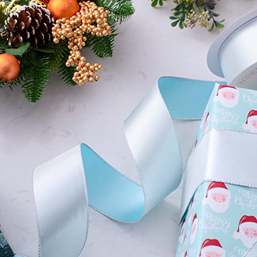 Uniqooo 2.5 Inch Wide 30 Yards, Decorative Easter Blue Silver Reversible Satin Wired Ribbon Roll, Double Sided 2 Colors For Gift Basket, Boxes Floral, Wreath Garland Gift Wrapping Decor Packaging #TOP3