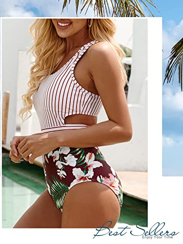 Molybell One Piece Swimsuits For Women High Waisted Bathing Suit Monokini Floral Print Cutout Racerback Zip Up Maroon Stripe -Small thumb #2