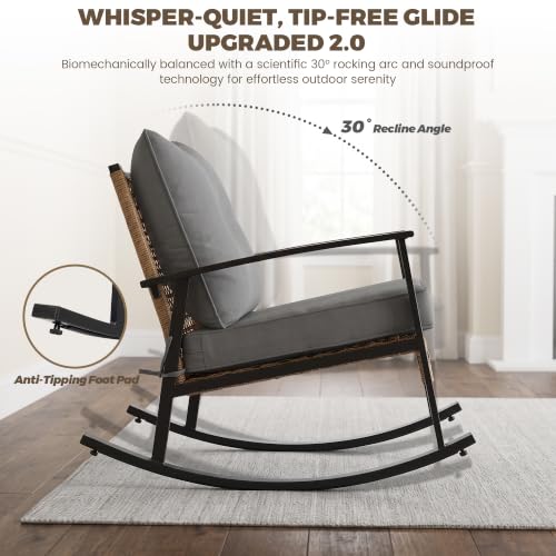 TARKARI 3-Piece Patio Rocking Chairs Set of 2, Rocking Chair Bistro Set [Upgraded 2.0] & 2-Tier Coffee Table, Wicker Rocking Chair Outdoor Patio Furniture Set for Backyard, Porch, Balcony (Grey) - image 2