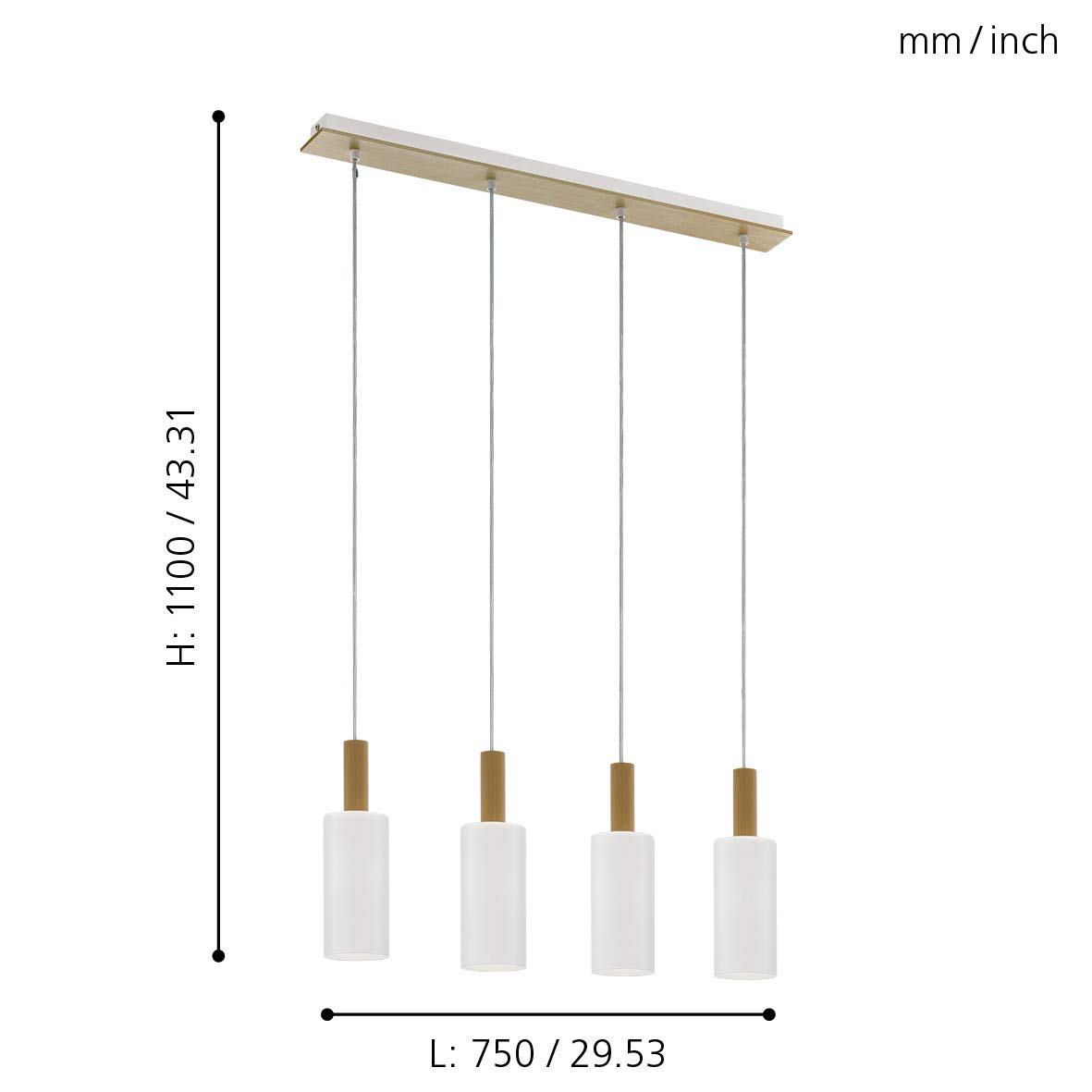Eglo Lámpara colgante Oakham, lámpara suspendida vintage de 4 luces | lámpara de techo de acero, vidrio satinado blanco y madera marrón, lámpara para comedor y salón con casquillo E27