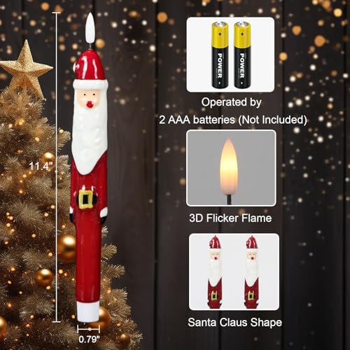 Image of Christmas Flameless Taper Candles, LED Flameless Candlesticks with Remote Timer, 2 Pcs Christmas Santa LED Taper Candles with 3D Flame, Christmas Decorations for Home Decor(0.79 inch x 11.4 inch)