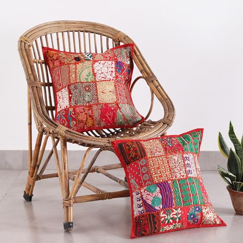 Image of Ravaiyaa - Attitude is everything Set Of 2 PC Home Sofa Decor Cotton Cushion Cover, Handmade Khambadiya Patchwork Pillow Case, Embroidery Cushions