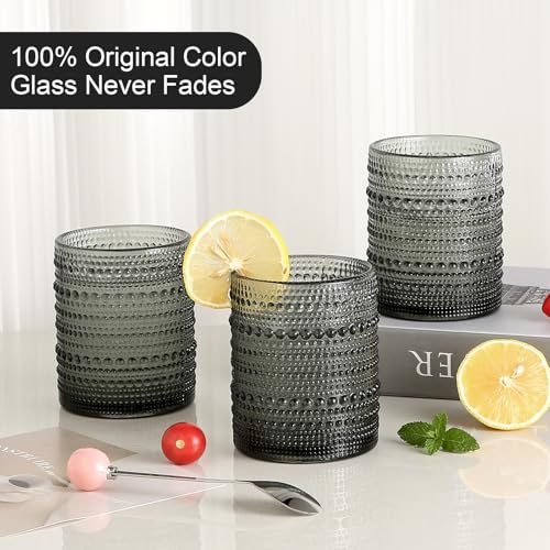 Image of ZMOWIPDL Drinking Glasses Set of 6,12oz Grey Hobnail Glass Cups | Vintage Glassware，Embossed Water Tumbler,for Beer,Cocktail,Whiskey,Juice and Various Mixed Drinks- 1 Cleaning Brush