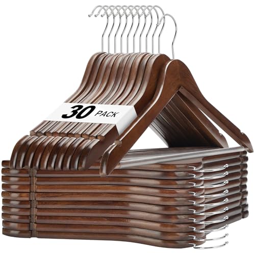 HOUSE DAY Walnut Wooden Hangers 30 Pack, Heavy Duty Wooden Coat Hanger for Closet, Solid Wood Hanger with Non Slip Pant Bar, Smooth Finish Wood Clothes Hangers for Shirts, Suits Jackets, Dress