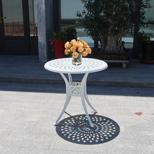 Image of 30 inches Patio Table with Umbrella Hole, Round Cast Aluminum Bistro Table for Porch Backyard, White