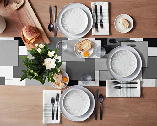 Abstract Geometric Table Runner 13X70Inch Long, Anti-Slip Cotton Linen Table Runenrs, Rectangle Tabletop Decoration For Wedding Kitchen Holiday Party Home Decor White Black Grey Color Block Splice #TOP2