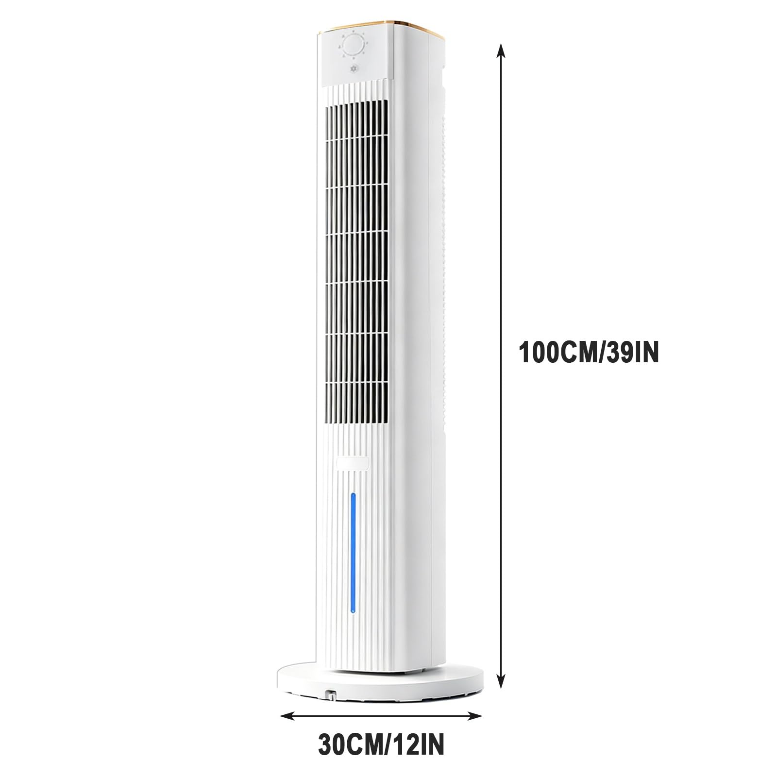 Ventilador Torre Silencioso, 40W Ventilador Columna, Flujo de Aire 200m³/h | Ventiladores de Torre, Oscilación 80°, Doble Depósito de Agua 5L, 3 Velocidades, Estable 30cm, para Hogar