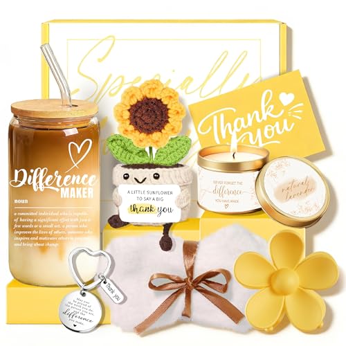 Product Image of the Thank You Gifts for Women Appreciation Gift Basket Sunflower Crochet Decor Scented Candle Glass Cup Unique Set for Coworkers Teacher Employee Volunteer Social Worker Paraprofessional, Friends