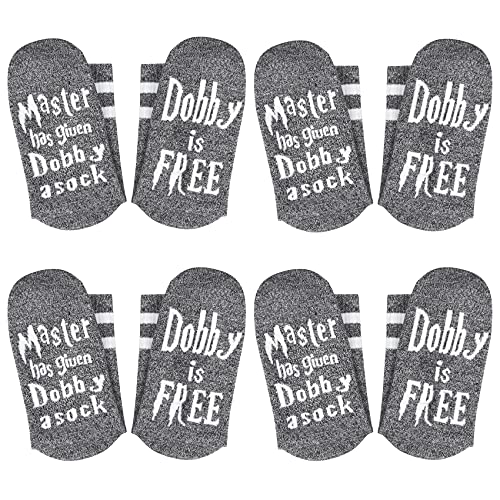 4 Pairs Dobby Socks, Novelty Funny Dobby is Free Knitted Words Sock Gift for Men Women